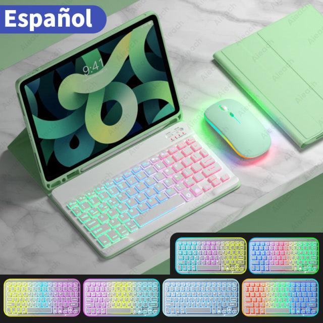 Rainbow English Spanish Keyboard With Pencil Holder and Mouse For iPad