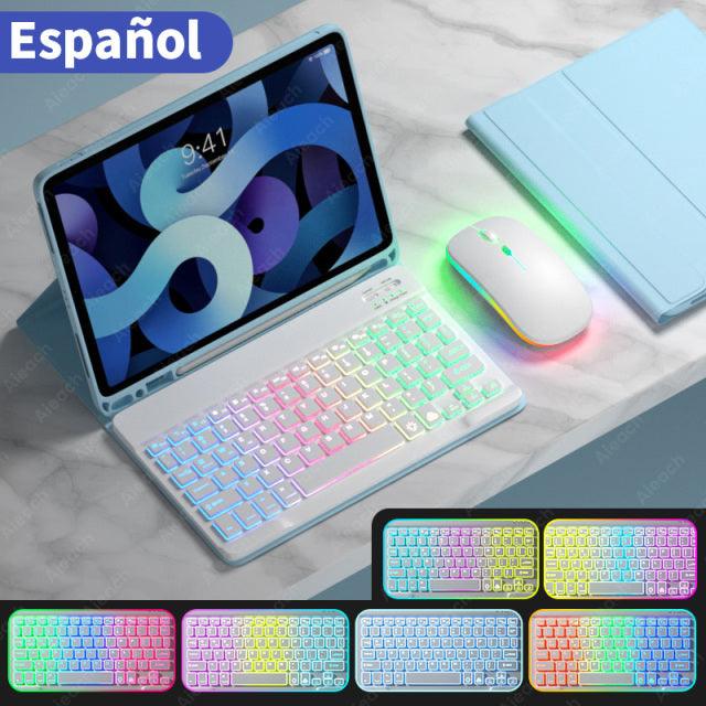 Rainbow English Spanish Keyboard With Pencil Holder and Mouse For iPad