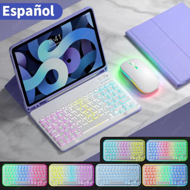 Rainbow English Spanish Keyboard With Pencil Holder and Mouse For iPad