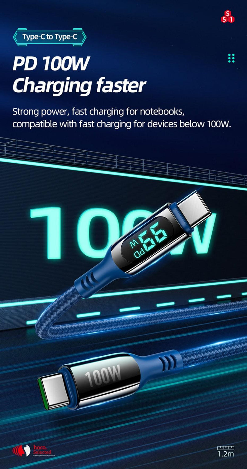 USB C To Type C 100W Cable Fast Charging LED Digital Display