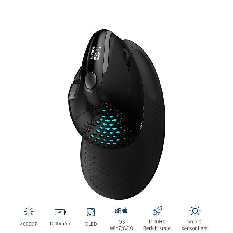 Delux Seeker M618XSD Ergonomic Rechargeable Vertical Mouse OLED Screen USB Wireless+BT 5.0