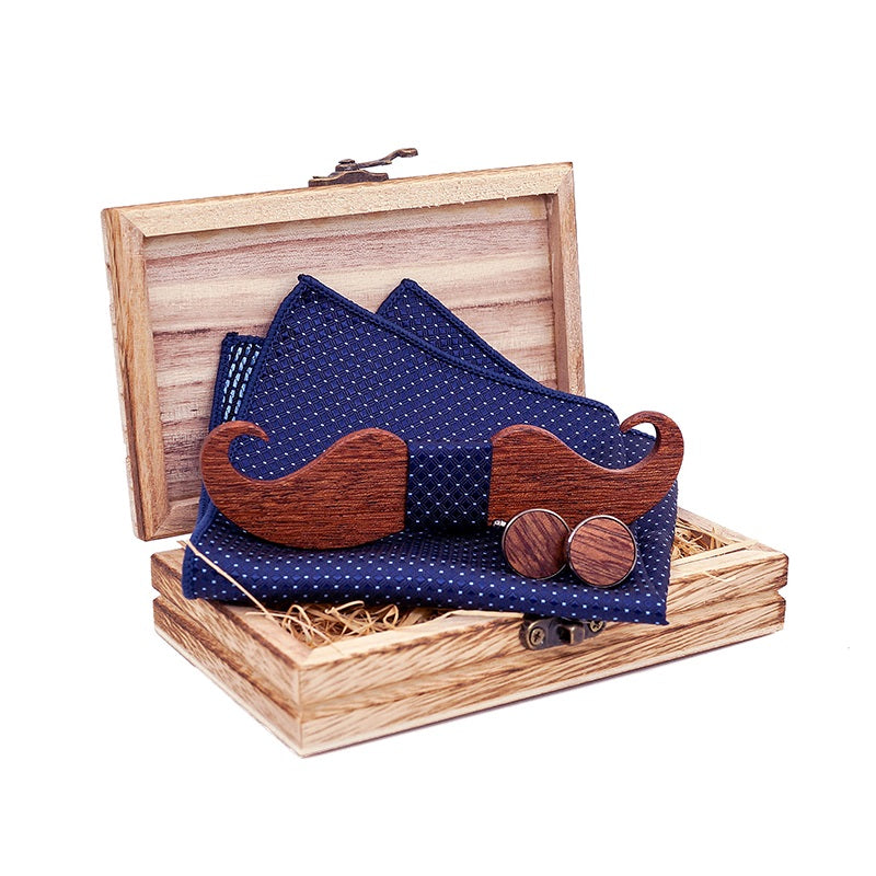 Wood Moustache Bowtie, Hankerchief and Cufflinks