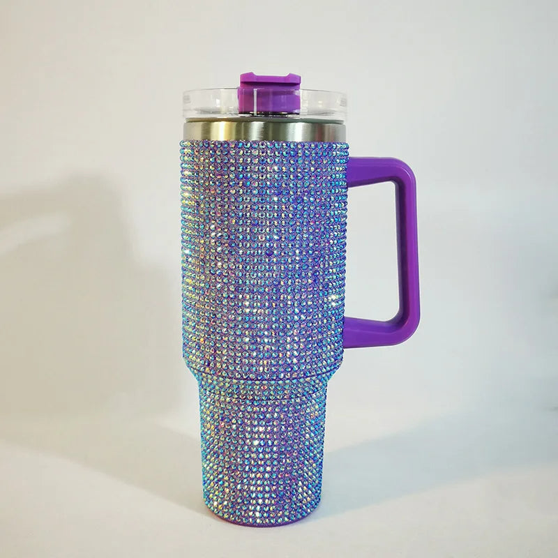 Diamond Thermos Cup with Handle – 40oz Stainless Steel Vacuum Bottle for Hot and Cold Beverages