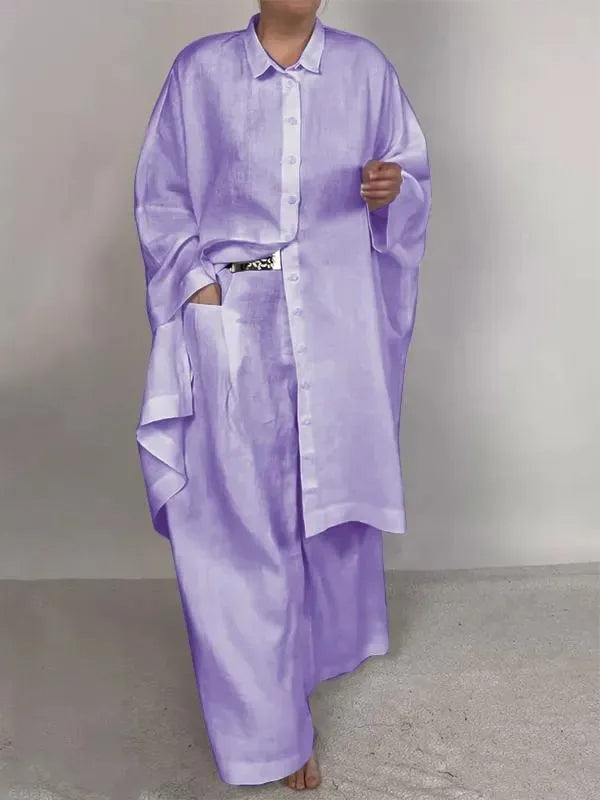 Casual Loose Solid Color Long Shirt & Wide-Leg Pants with Pockets –  Two-Piece Set for Relaxed Elegance