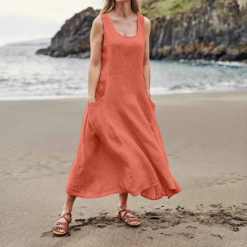 Cotton Linen Long Dress with Pockets – Plus Size Sleeveless Pullover for Effortless Summer Fashion