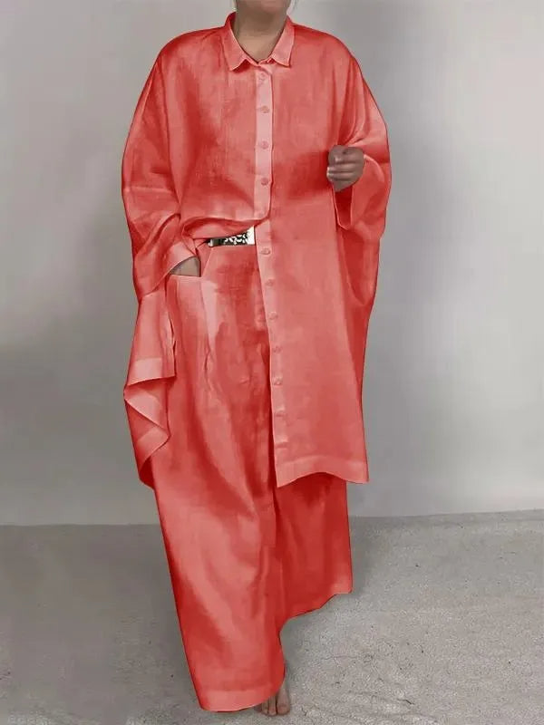 Casual Loose Solid Color Long Shirt & Wide-Leg Pants with Pockets –  Two-Piece Set for Relaxed Elegance