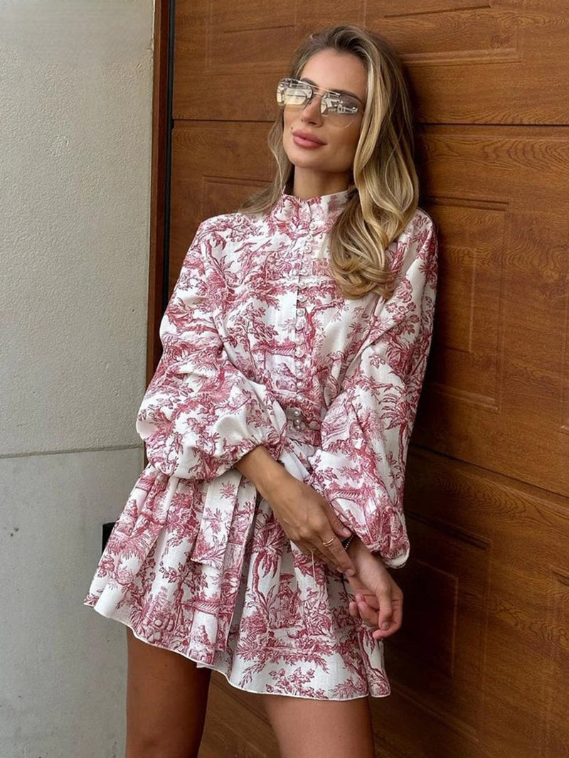 Ink Print Chic Puff Sleeve Mini Dress – Stand Collar Lace-Up Pleated Long Sleeve Dress for Effortless Elegance