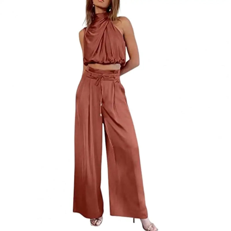 Silky Pleated Two-Piece Set – Sleeveless Top & Wide-Leg Pants for Effortless Elegance