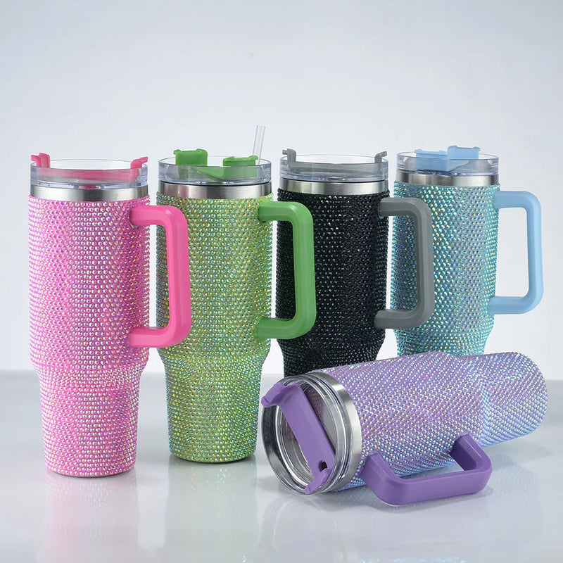 Diamond Thermos Cup with Handle – 40oz Stainless Steel Vacuum Bottle for Hot and Cold Beverages
