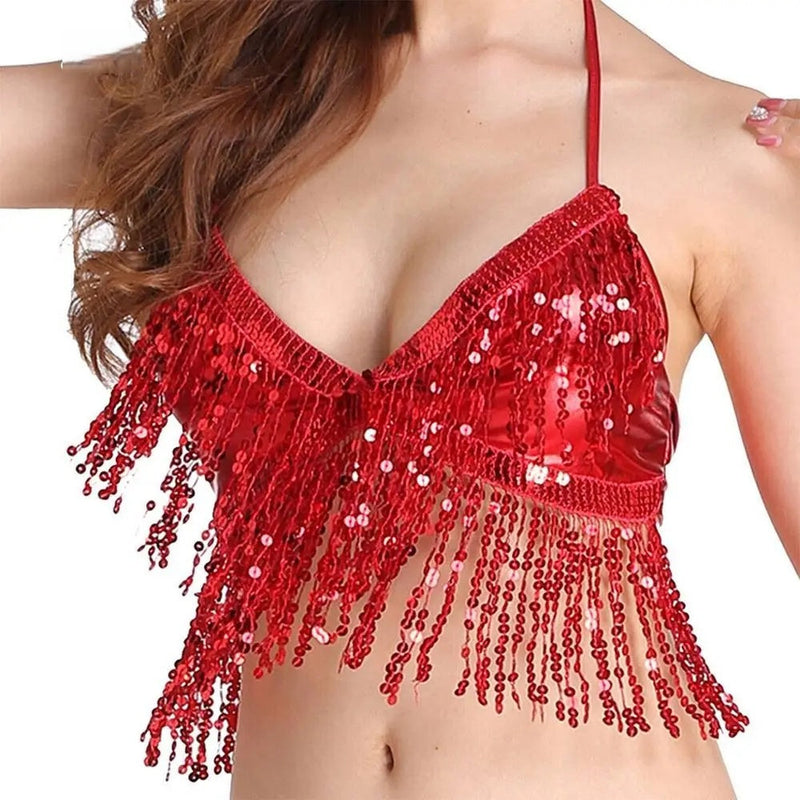 Belly Dance Sequin Fringe Halter Bra – Sparkle in Every Movement with This Show-Stopping Nightclub Performance Dancewear Top