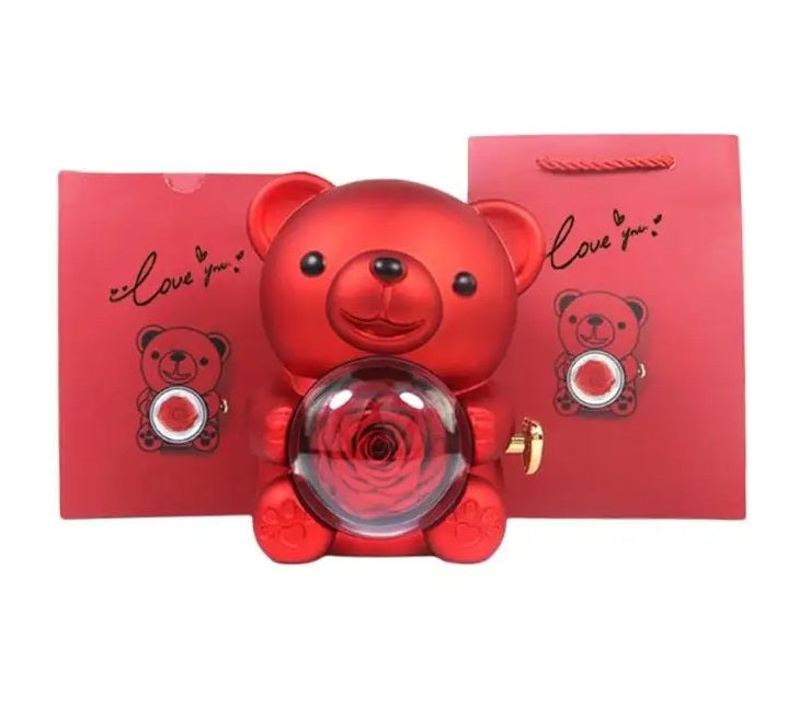 Eternal Rose Teddy Bear Necklace –  Personalized Engraved Name with Rotating Rose Jewelry Box for Her