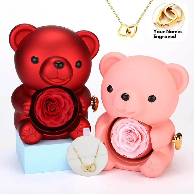 Eternal Rose Teddy Bear Necklace –  Personalized Engraved Name with Rotating Rose Jewelry Box for Her