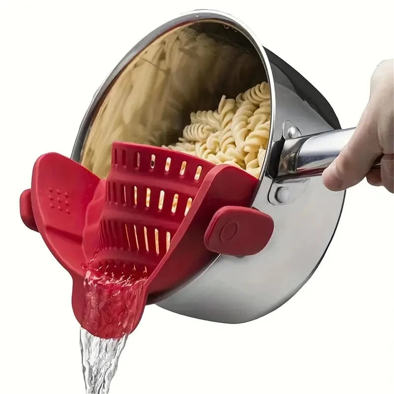 Smart Clip-On Silicone Pot Strainer – Adjustable Kitchen Drainer for Pasta, Veggies, Bowls & Pans Without Spills