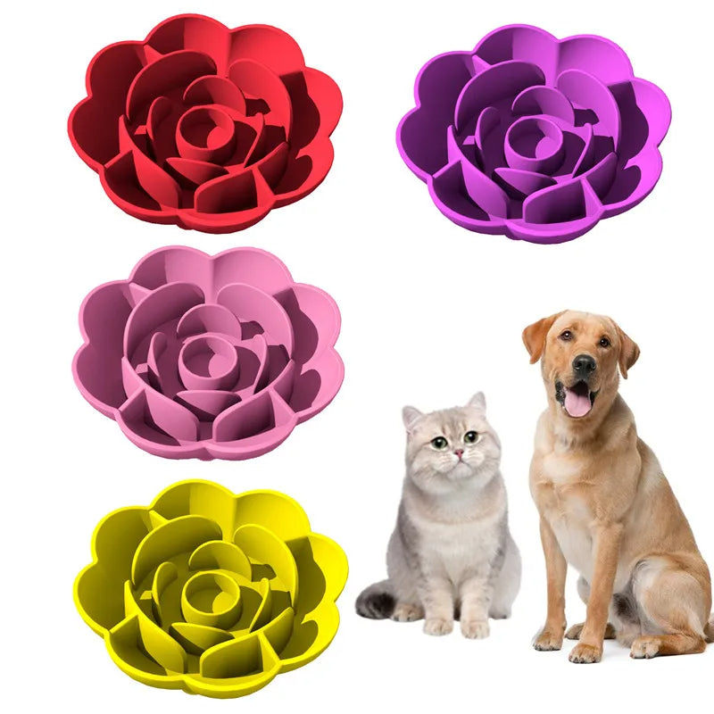Anti-slip Circular Pet Slow Food Bowl – Rose Series Anti-Choking Silicone Bowl with Suction Cup for Dogs and Cats