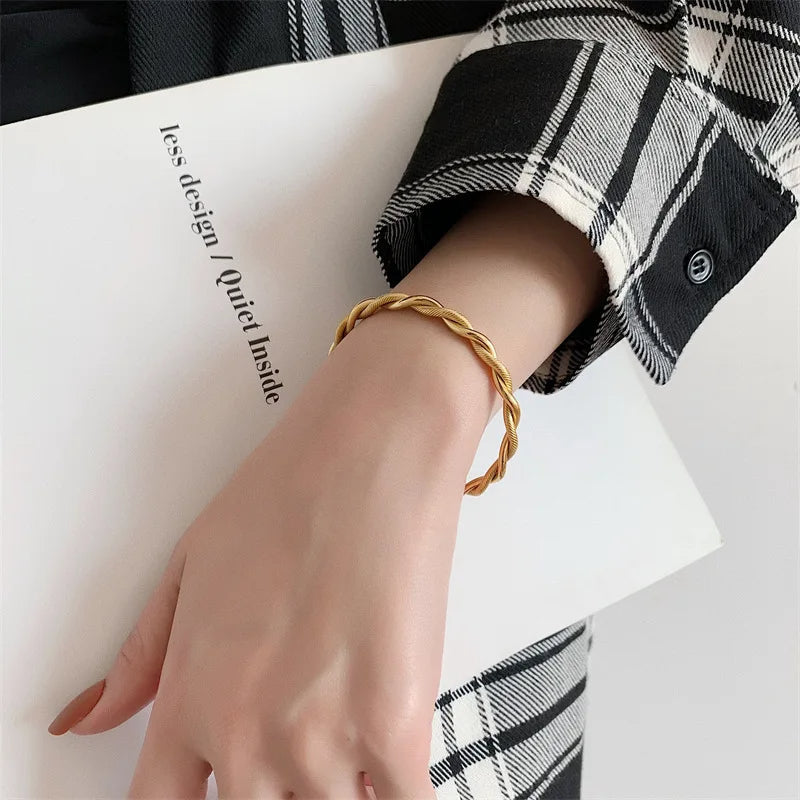 Charm Twist Cuff Bracelet - Slim Gold Opening Bangle in 316L Stainless Steel Charm