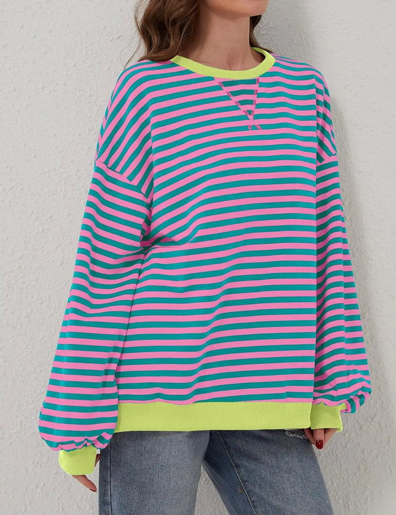 Oversized Striped Pullover Round Neck Sweatshirt – Casual Long Sleeve Crew Neck for a Laid-Back Yet Fashionable Look