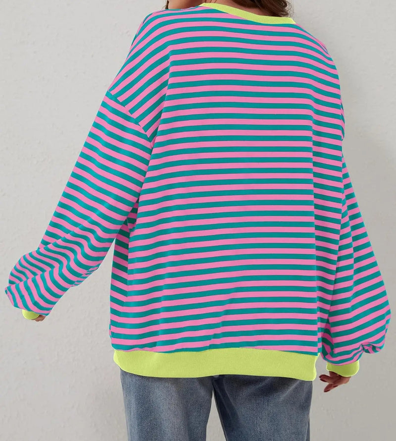 Oversized Striped Pullover Round Neck Sweatshirt – Casual Long Sleeve Crew Neck for a Laid-Back Yet Fashionable Look