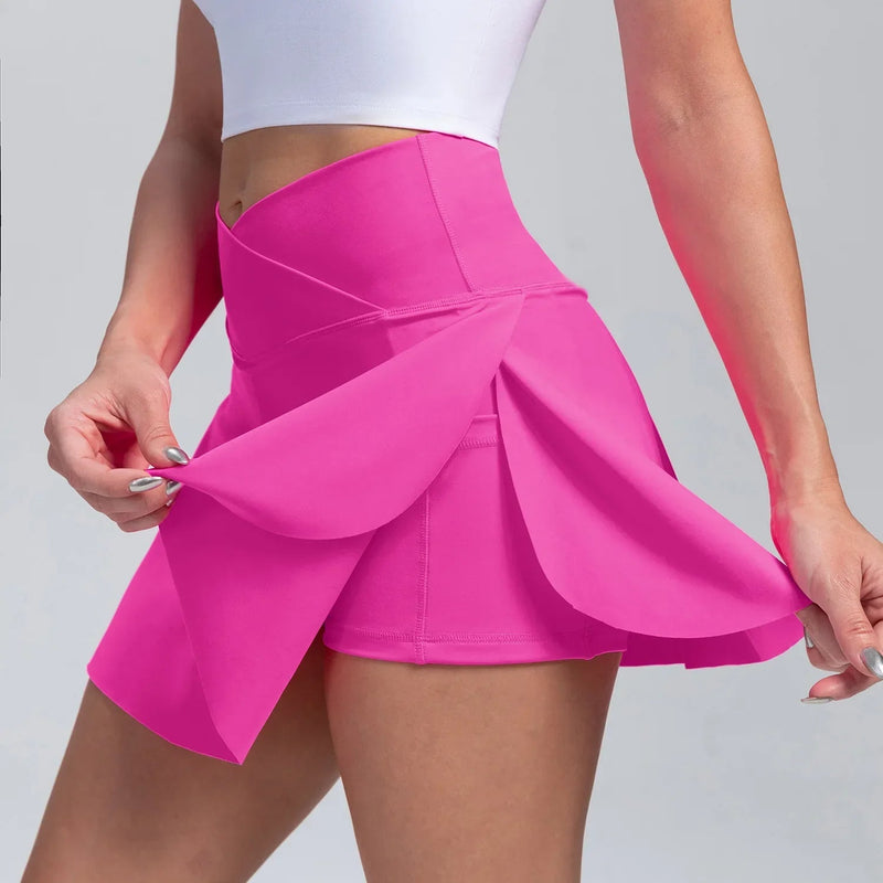High Waist Overlap Tennis Skirt Shorts - 2-in-1  Outdoor Activewear with Pocket for Women