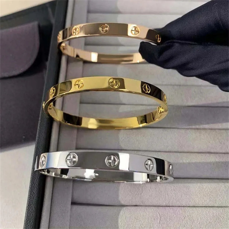 Zircon Cross Nut Nail Bracelet - Gold Screw-Style Stainless Steel Bangle for Edgy Glam