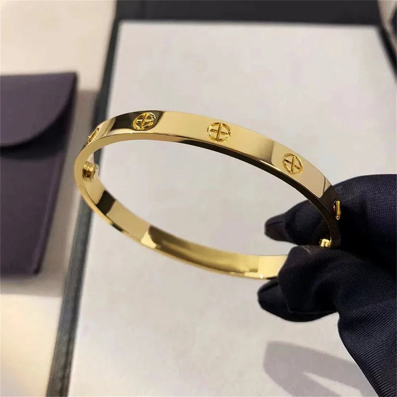 Zircon Cross Nut Nail Bracelet - Gold Screw-Style Stainless Steel Bangle for Edgy Glam