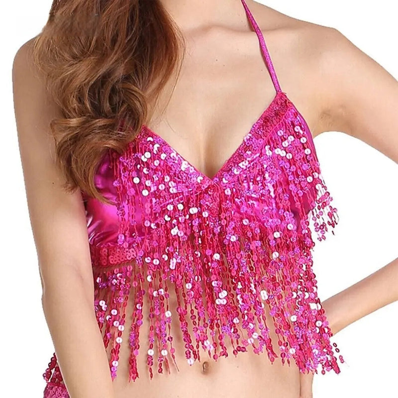 Belly Dance Sequin Fringe Halter Bra – Sparkle in Every Movement with This Show-Stopping Nightclub Performance Dancewear Top