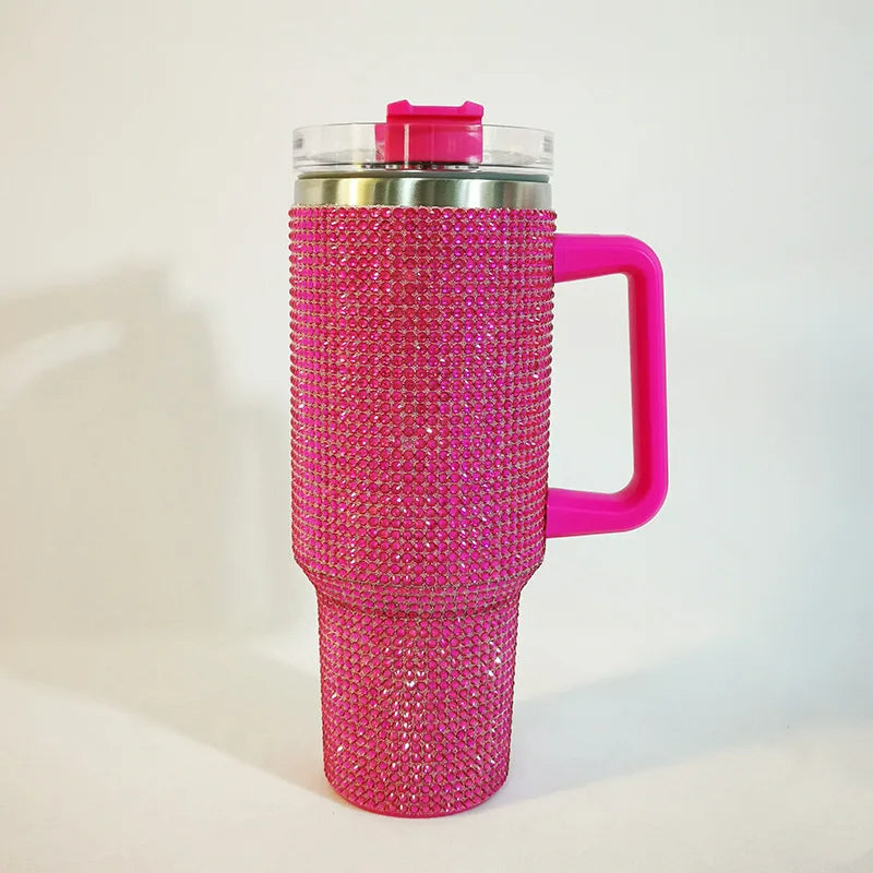 Diamond Thermos Cup with Handle – 40oz Stainless Steel Vacuum Bottle for Hot and Cold Beverages