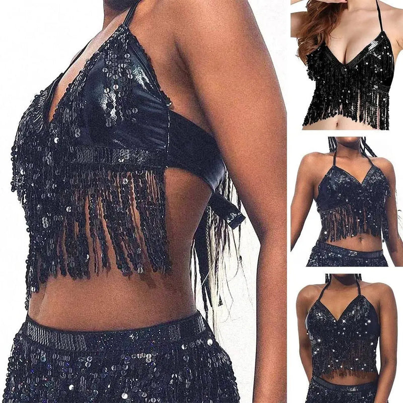 Belly Dance Sequin Fringe Halter Bra – Sparkle in Every Movement with This Show-Stopping Nightclub Performance Dancewear Top