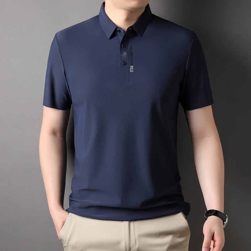 Men’s Ice Silk Embroidered Polo Shirt – Business Casual Stretchable Lapel Shirt for Trendy Summer Style