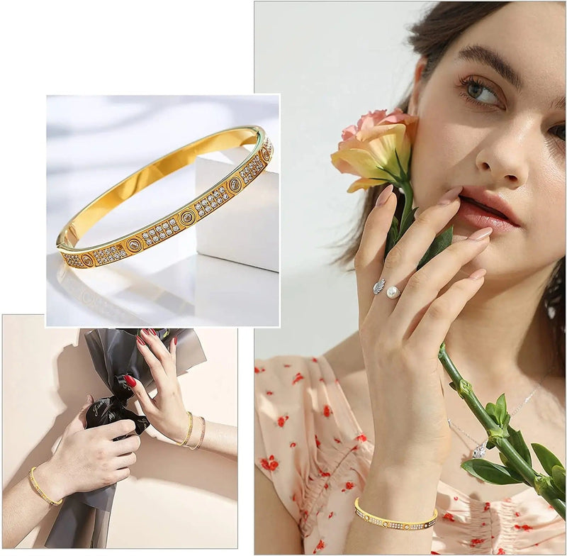 Zircon Cross Nut Nail Bracelet - Gold Screw-Style Stainless Steel Bangle for Edgy Glam