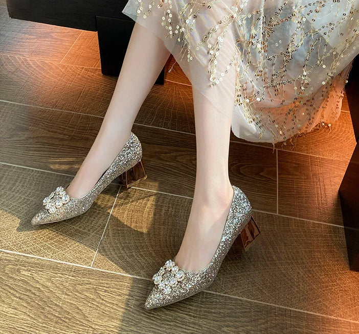 Crystal Bow Rhinestone Party Shoes with Square Buckle- Sparkly Mid-Heel Pumps for Elegant Spring, Weddings & Events