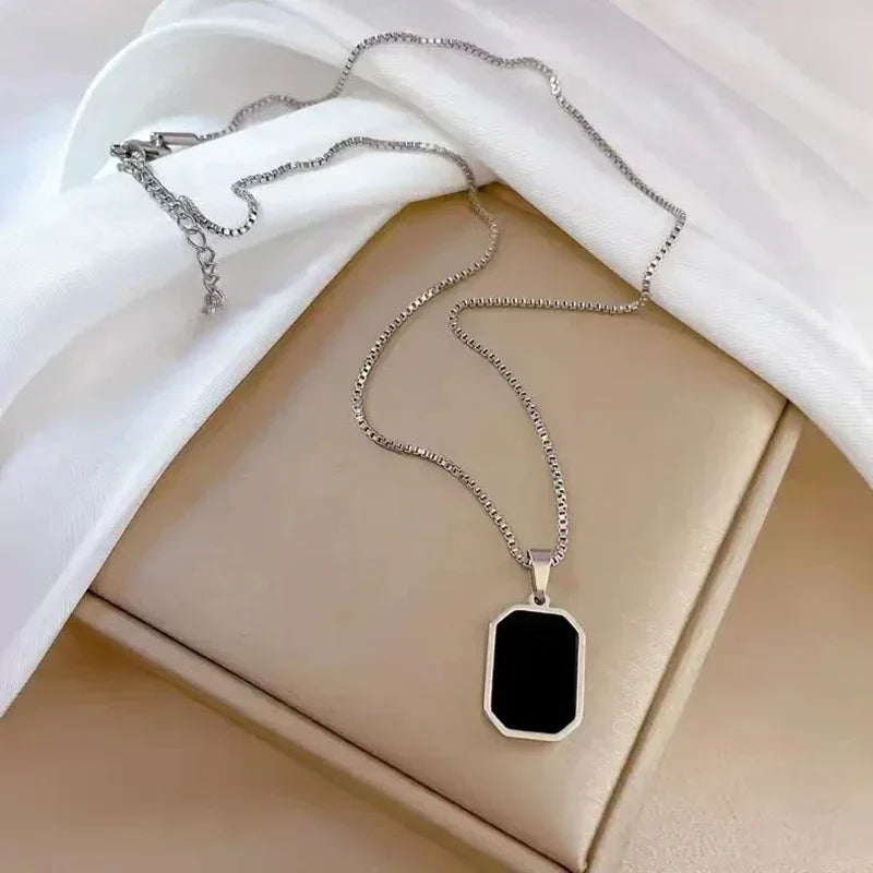 Bold Gold Geometric Pendant Necklace – Black Enamel Square Chain for Men & Women, Punk Party Jewelry