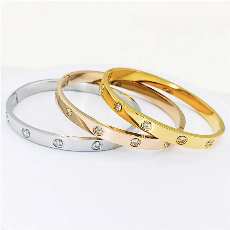 Zircon Cross Nut Nail Bracelet - Gold Screw-Style Stainless Steel Bangle for Edgy Glam