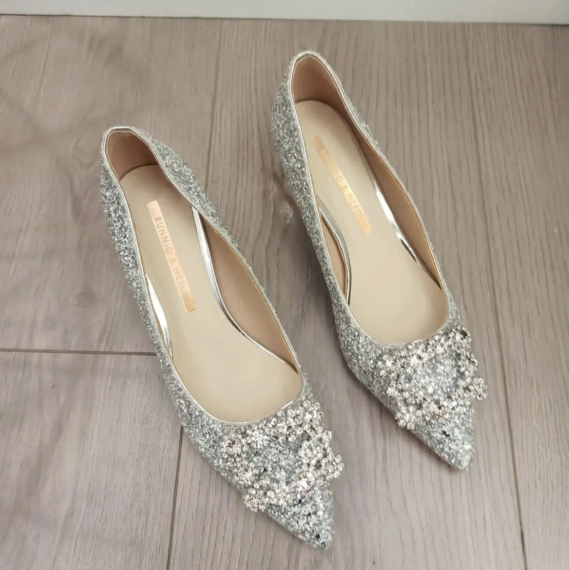 Crystal Bow Rhinestone Party Shoes with Square Buckle- Sparkly Mid-Heel Pumps for Elegant Spring, Weddings & Events