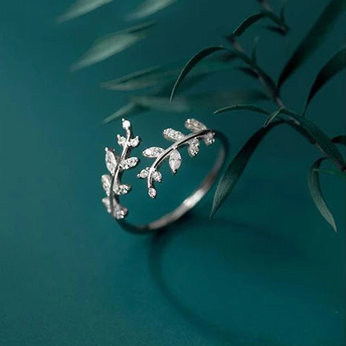 Adjustable Sterling Silver Branch Leaf Ring – Zircon Accents, Minimalist Chic Fine Jewelry for Fashion-Forward Women
