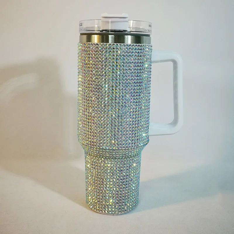 Diamond Thermos Cup with Handle – 40oz Stainless Steel Vacuum Bottle for Hot and Cold Beverages