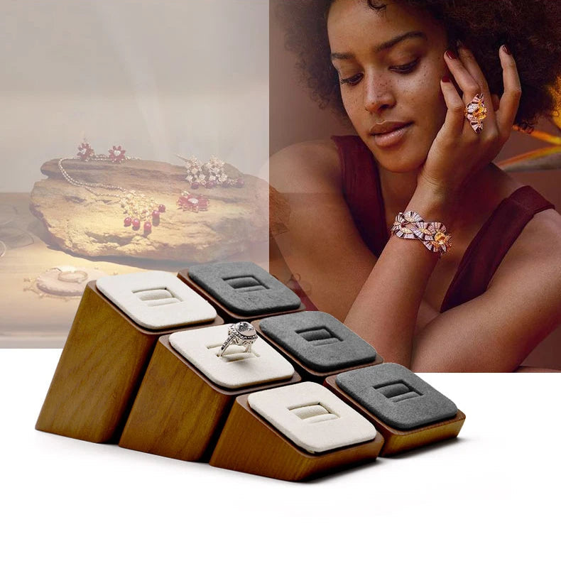 Wooden Ring Display Stand – 3-Piece Solid Wood Wedding Set Showcases Jewelry Elegantly with Rustic Charm and Timeless Appeal