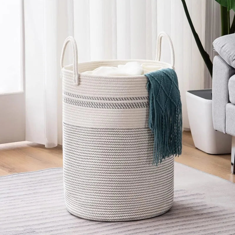 Woven Tall Rope Laundry Hamper – Large 15x20 Inch Dirty Clothes Basket with Handles for Stylish Home or Toy Storage Solution