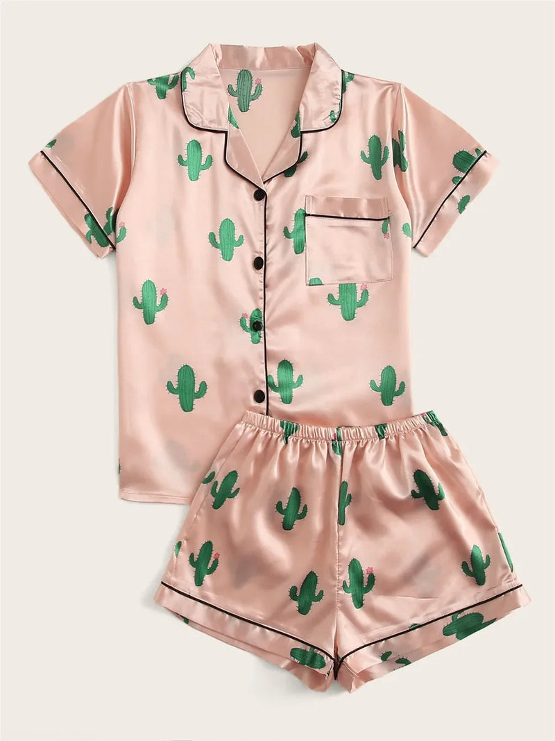 Leopard Print Pajama Set – Satin Short Sleeve Top and Shorts for Luxurious Summer Sleepwear