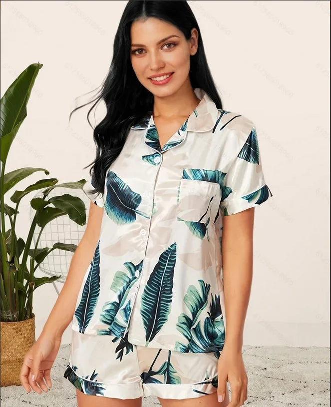 Leopard Print Pajama Set – Satin Short Sleeve Top and Shorts for Luxurious Summer Sleepwear