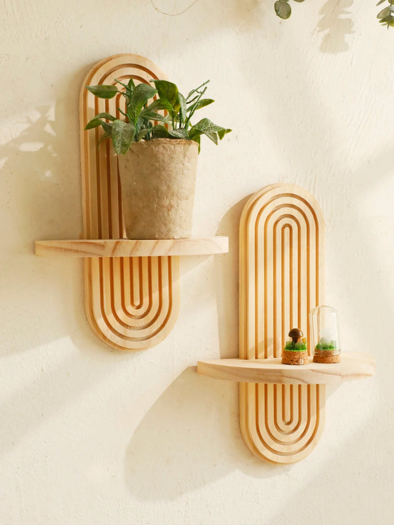 Boho Geometric Wooden Wall Shelf – Stylish Mounted Rack with Natural Finish for Modern Plant Displays and Cozy Home Vibes