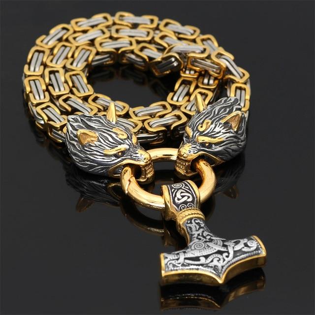 60–90 cm stainless steel double wolfskopf & mjolnir survival spirit necklace/bracelet
