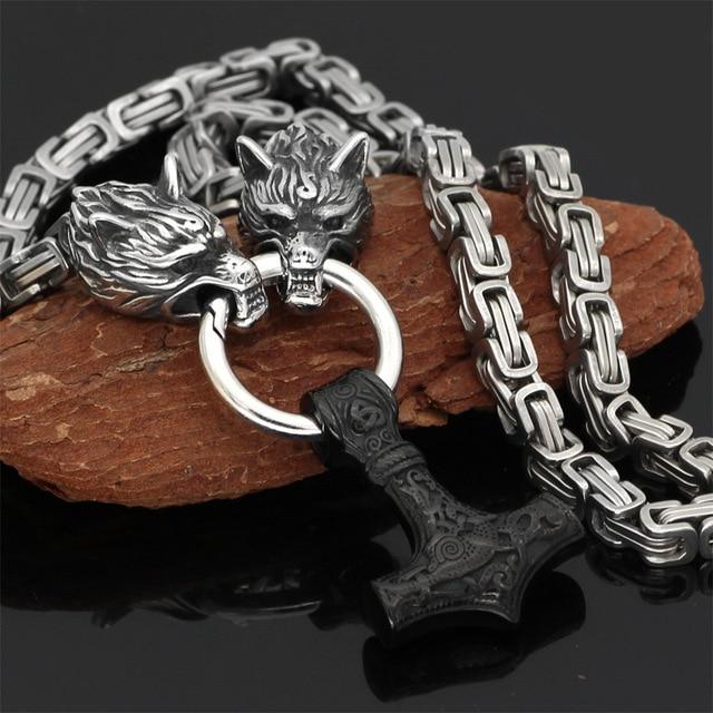 60–90 cm stainless steel double wolfskopf & mjolnir survival spirit necklace/bracelet