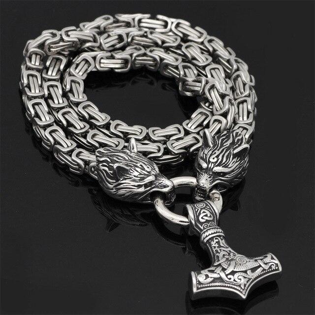 60–90 cm stainless steel double wolfskopf & mjolnir survival spirit necklace/bracelet