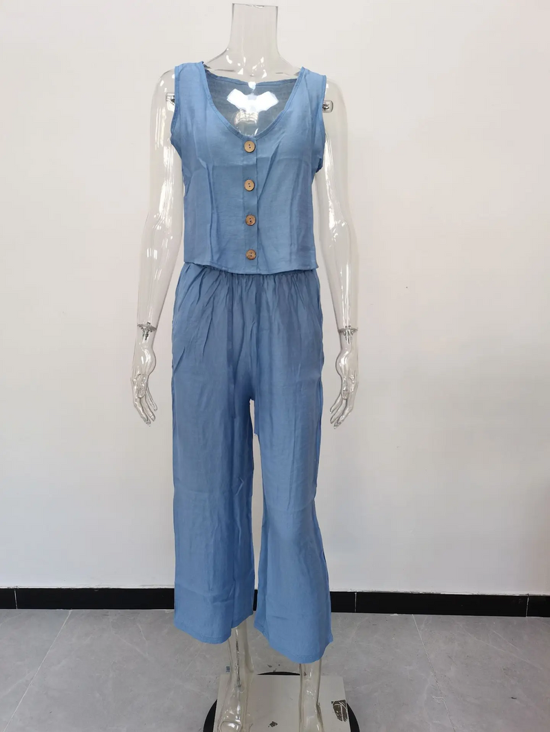 Cotton Linen Two-Piece Office Set – V-Neck Vest & Wide Leg Pants for Casual Elegance and Everyday Comfort