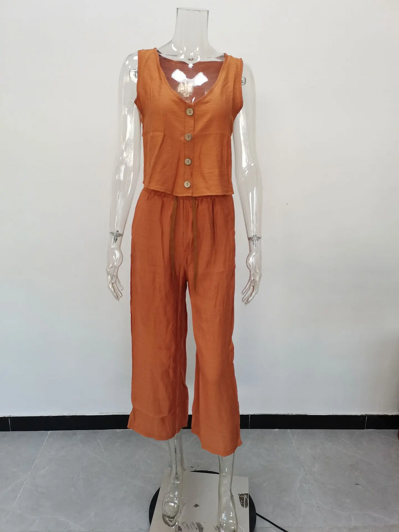 Cotton Linen Two-Piece Office Set – V-Neck Vest & Wide Leg Pants for Casual Elegance and Everyday Comfort