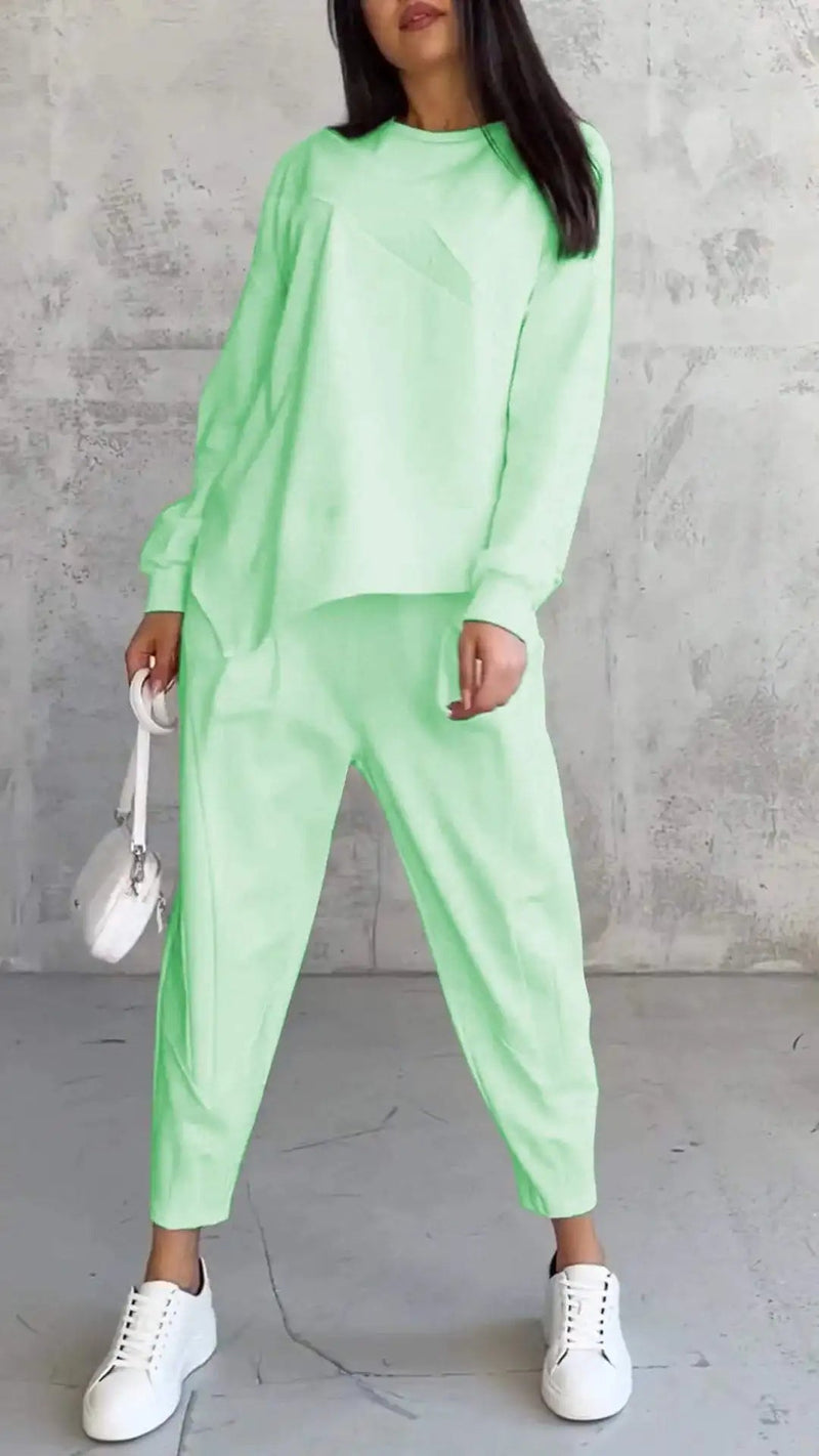 Cozy Irregular Sweater Suit – Loose-Fit Long Sleeve Top & Pants for Fall/Winter