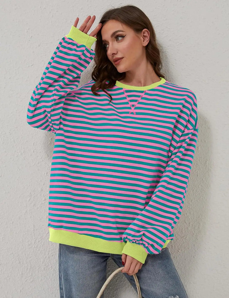 Oversized Striped Pullover Round Neck Sweatshirt – Casual Long Sleeve Crew Neck for a Laid-Back Yet Fashionable Look