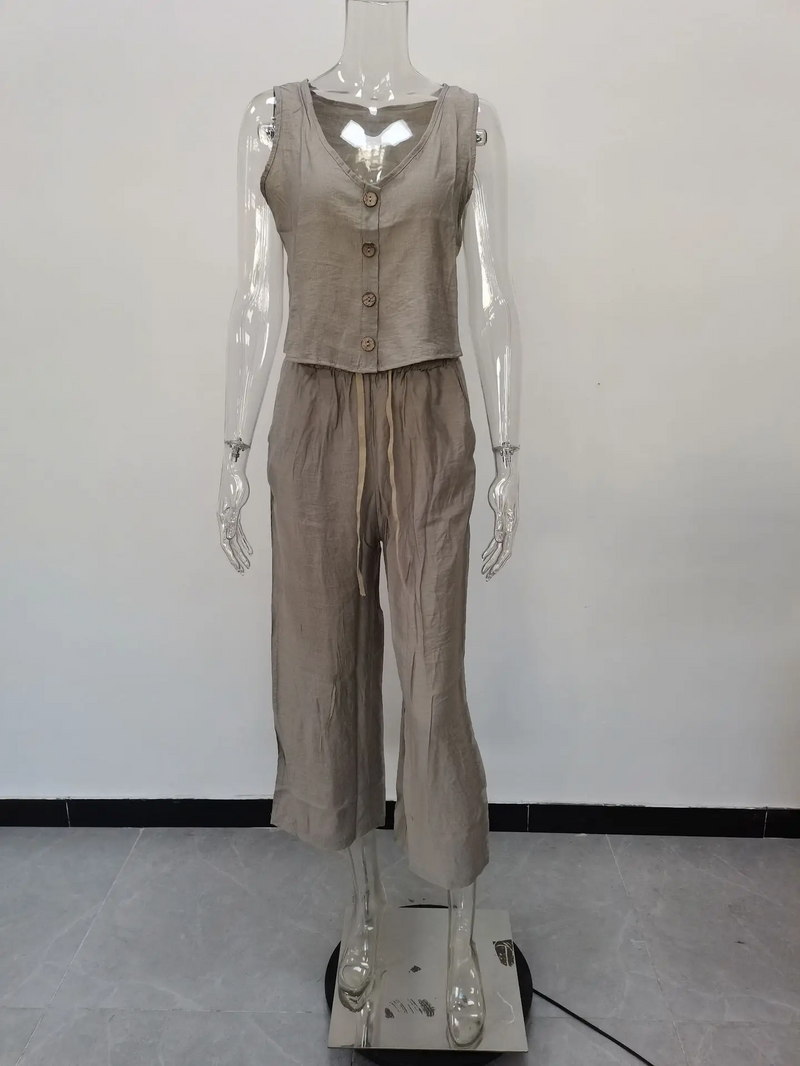 Cotton Linen Two-Piece Office Set – V-Neck Vest & Wide Leg Pants for Casual Elegance and Everyday Comfort