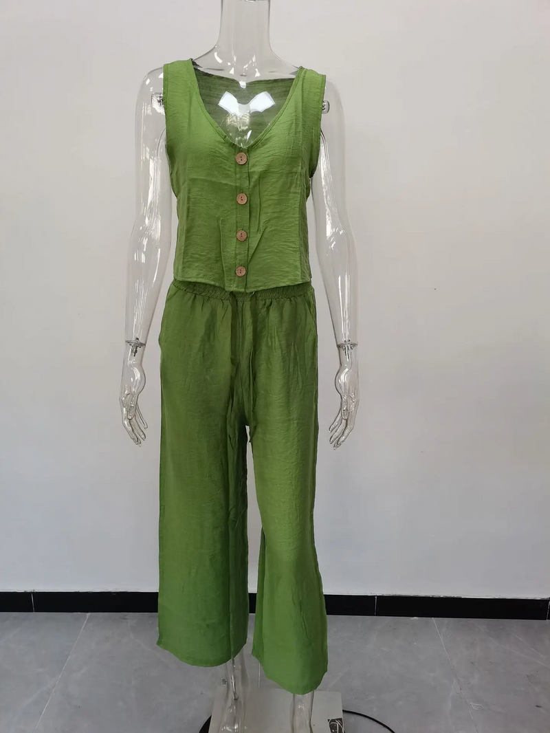 Cotton Linen Two-Piece Office Set – V-Neck Vest & Wide Leg Pants for Casual Elegance and Everyday Comfort