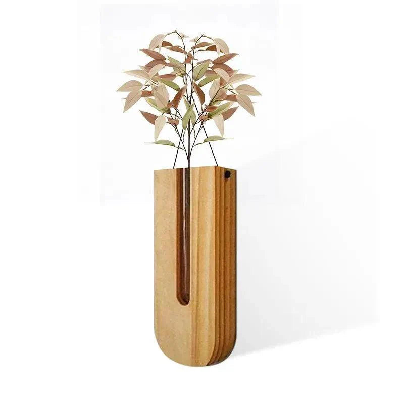 Vintage Wall Hanging Vase │ Wooden Hydroponic Wall Mounted Plant Hangers │ Transparent Glass Tube Flower Pot